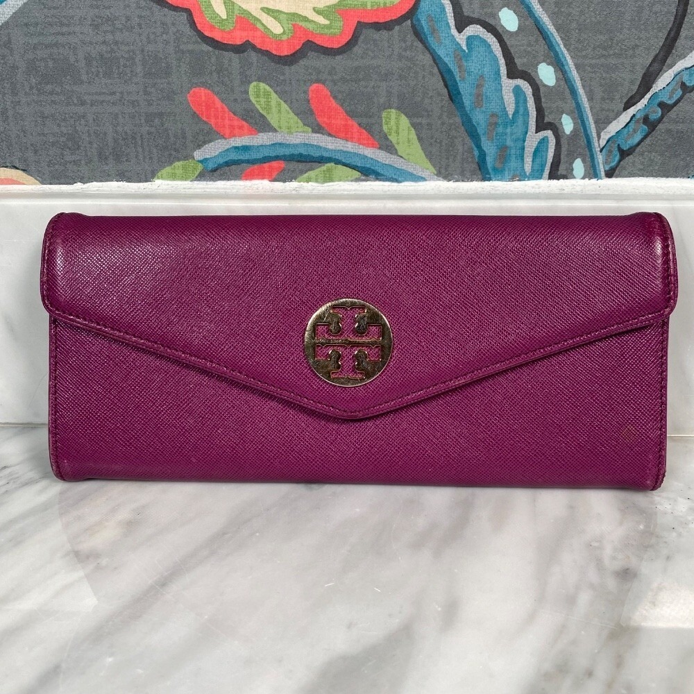Tory Burch Continental Wallet Leather Zip Around Clutch Plum‎ Purple 7.5x4